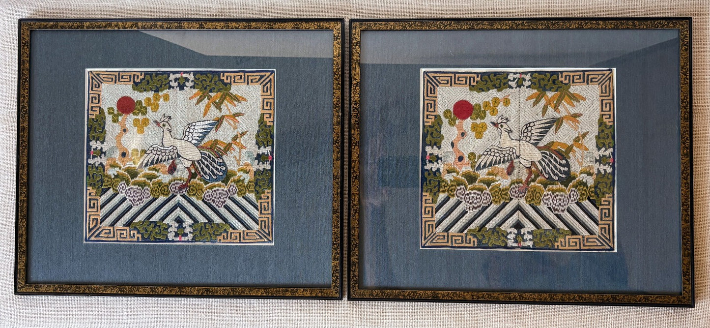 Qing Dynasty Chinese Civil Rank Silver Pheasant Badge Robe Set Framed