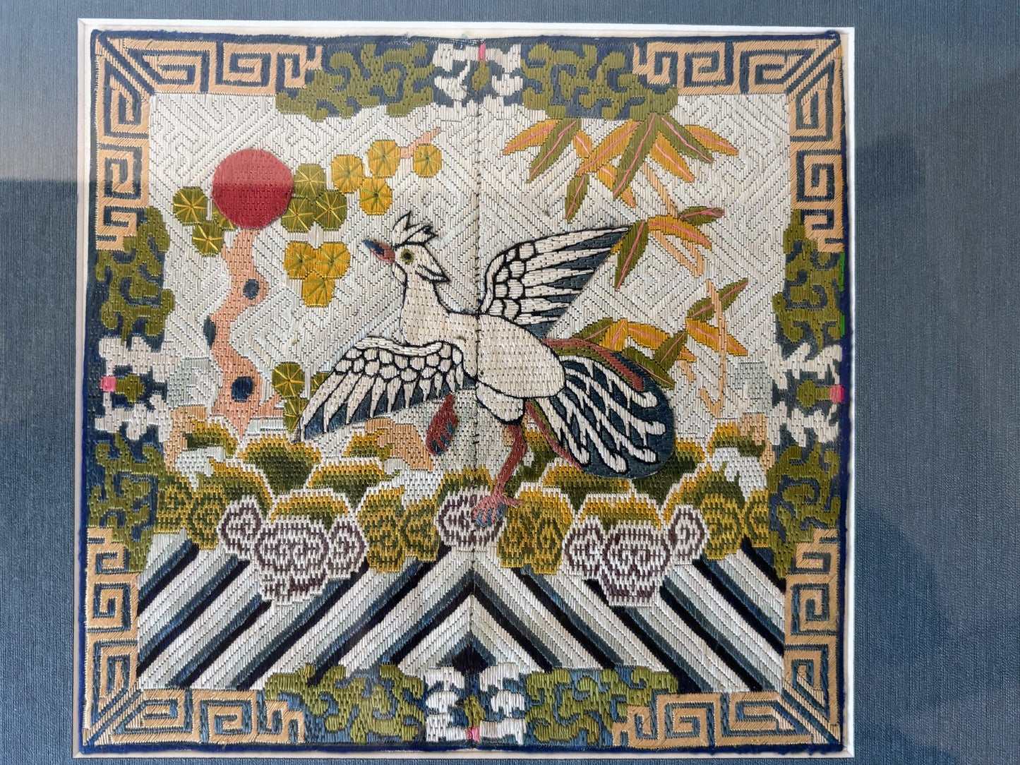 Qing Dynasty Chinese Civil Rank Silver Pheasant Badge Robe Set Framed