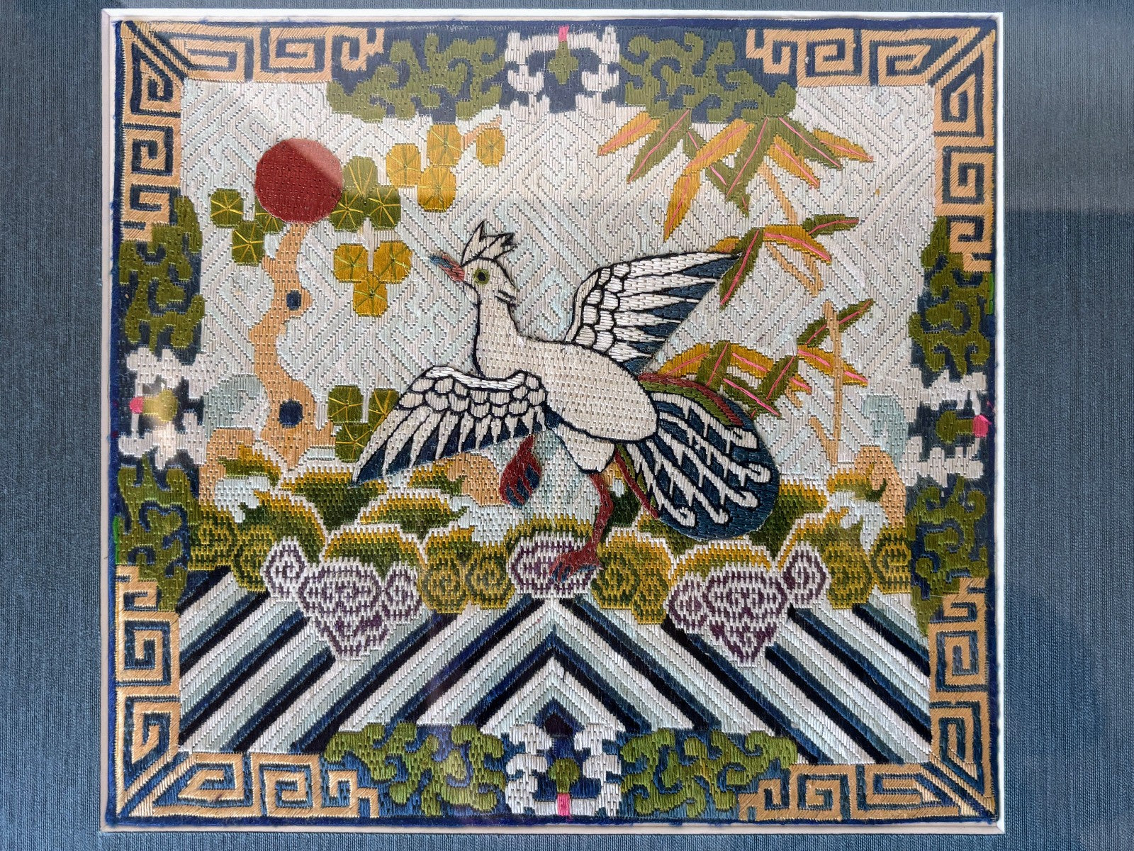 Qing Dynasty Chinese Civil Rank Silver Pheasant Badge Robe Set Framed