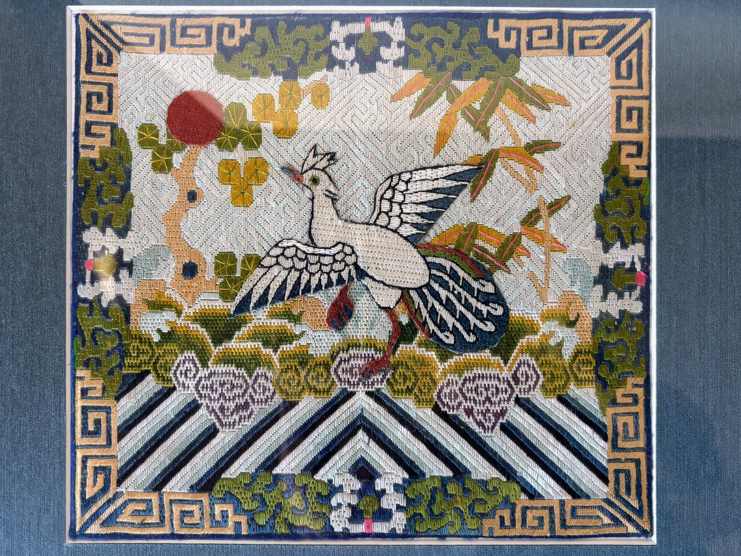 Qing Dynasty Chinese Civil Rank Silver Pheasant Badge Robe Set Framed