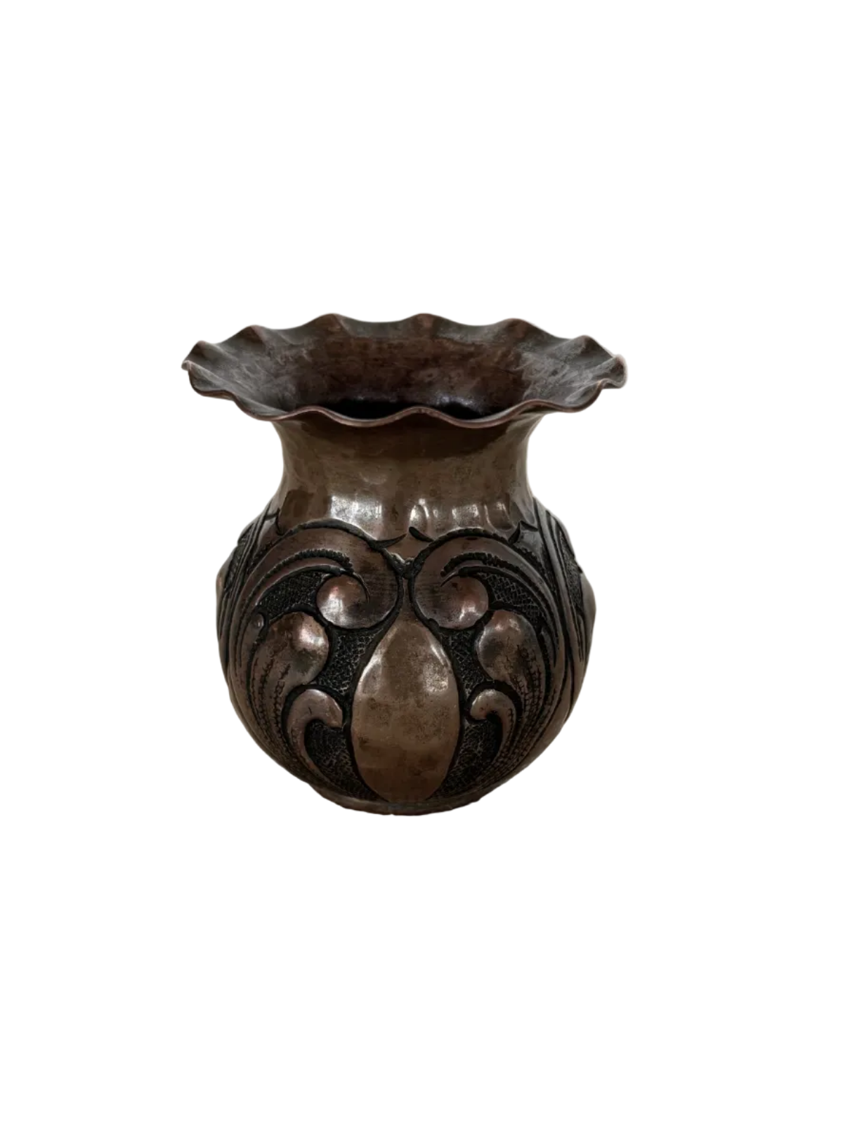 Small hand hammered copper Vase with baroque repousse scroll designs and scalloped flared top edge.