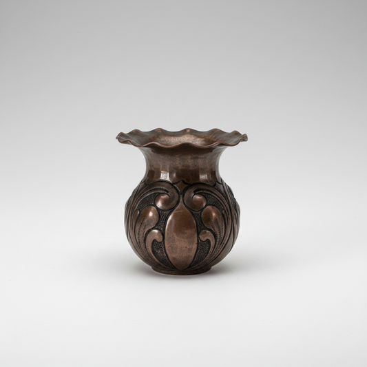 Small hand hammered copper Vase with baroque repousse scroll designs and scalloped flared top edge.