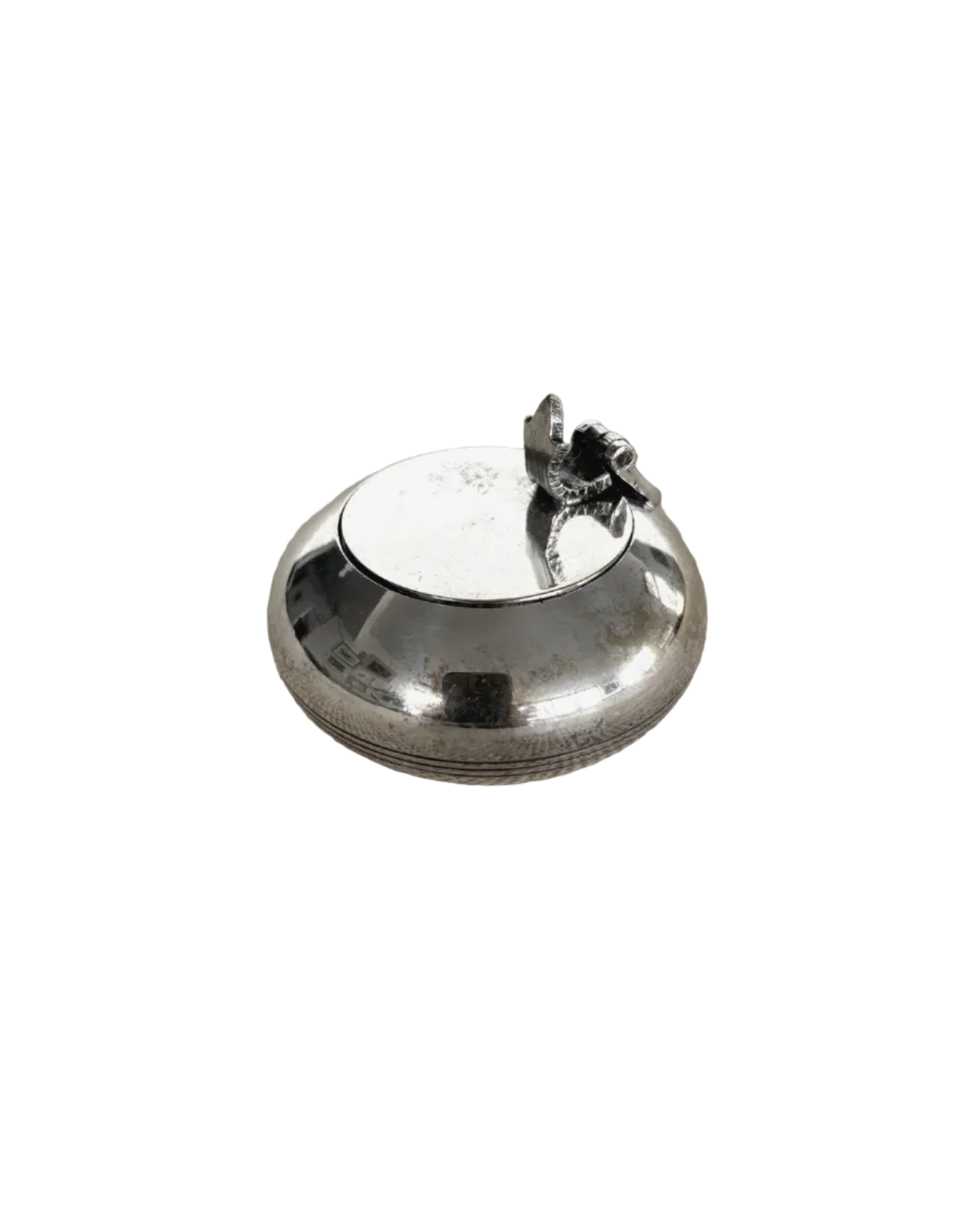 round art deco design Silver plate pocket ash tray with flip top lid and hidden cigarette holder