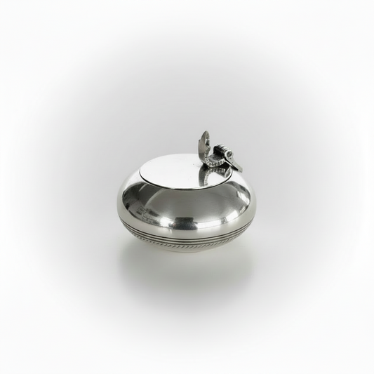 round art deco design Silver plate pocket ash tray with flip top lid and hidden cigarette holder