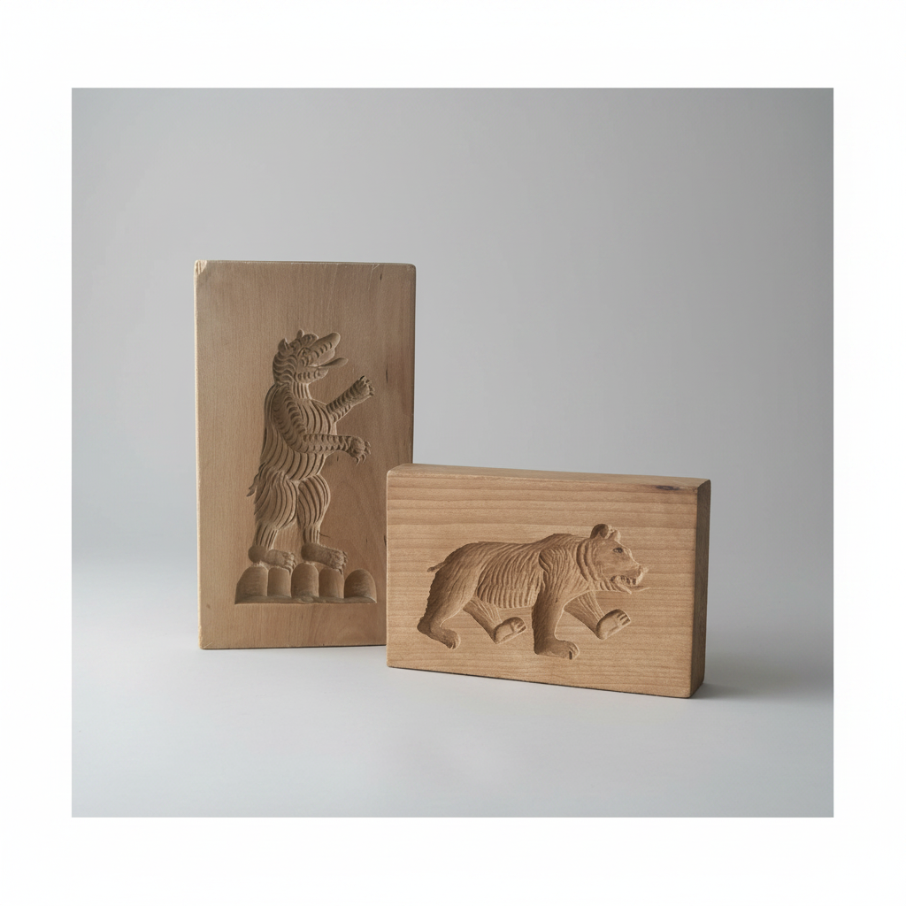 Two hand-carved wooden blocks - cookie molds - featuring bear designs, one standing and one walking.