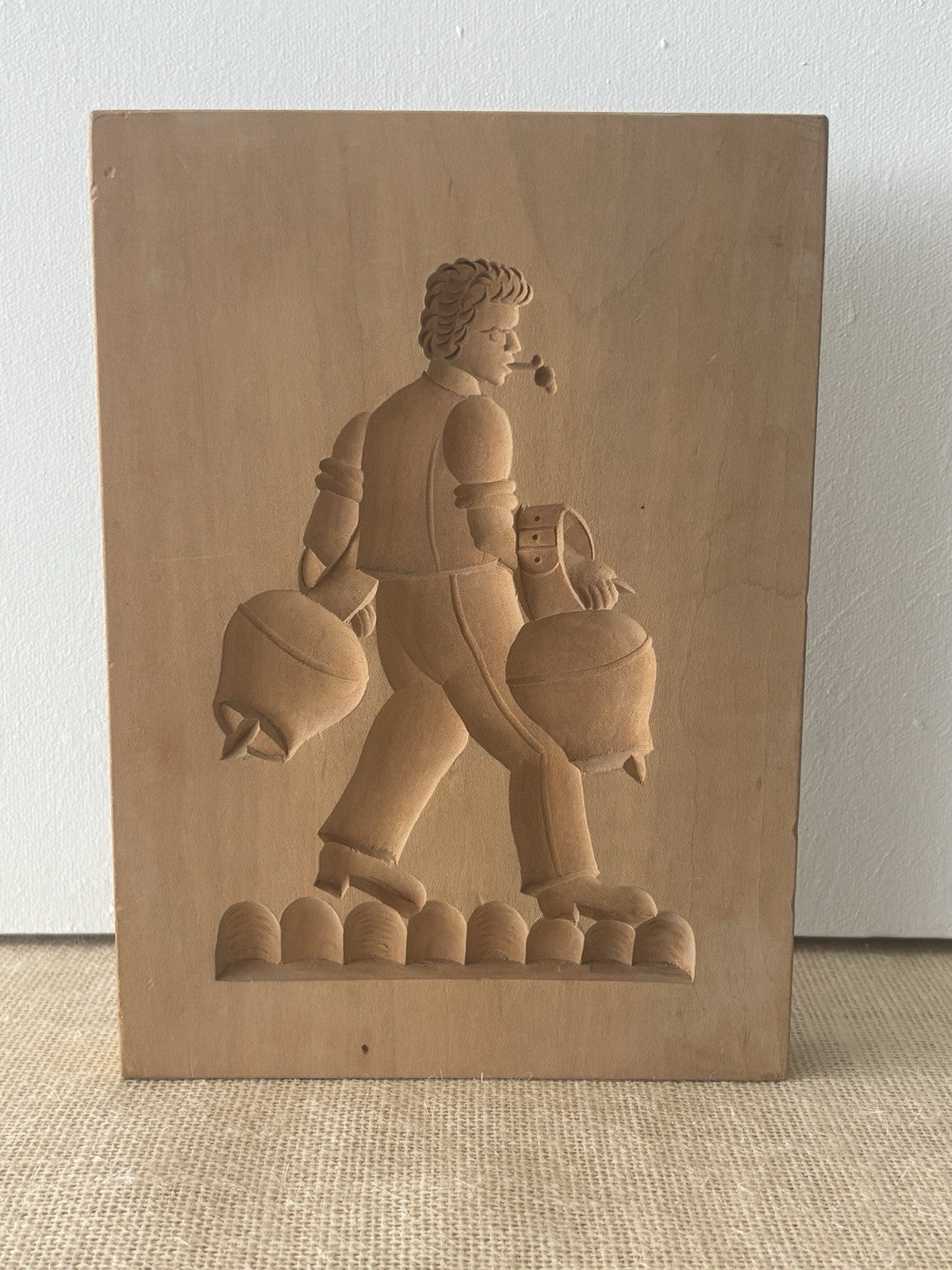Swiss hand carved wood Springerle Cookie Mold or Press Farmer w/ Cow Bells