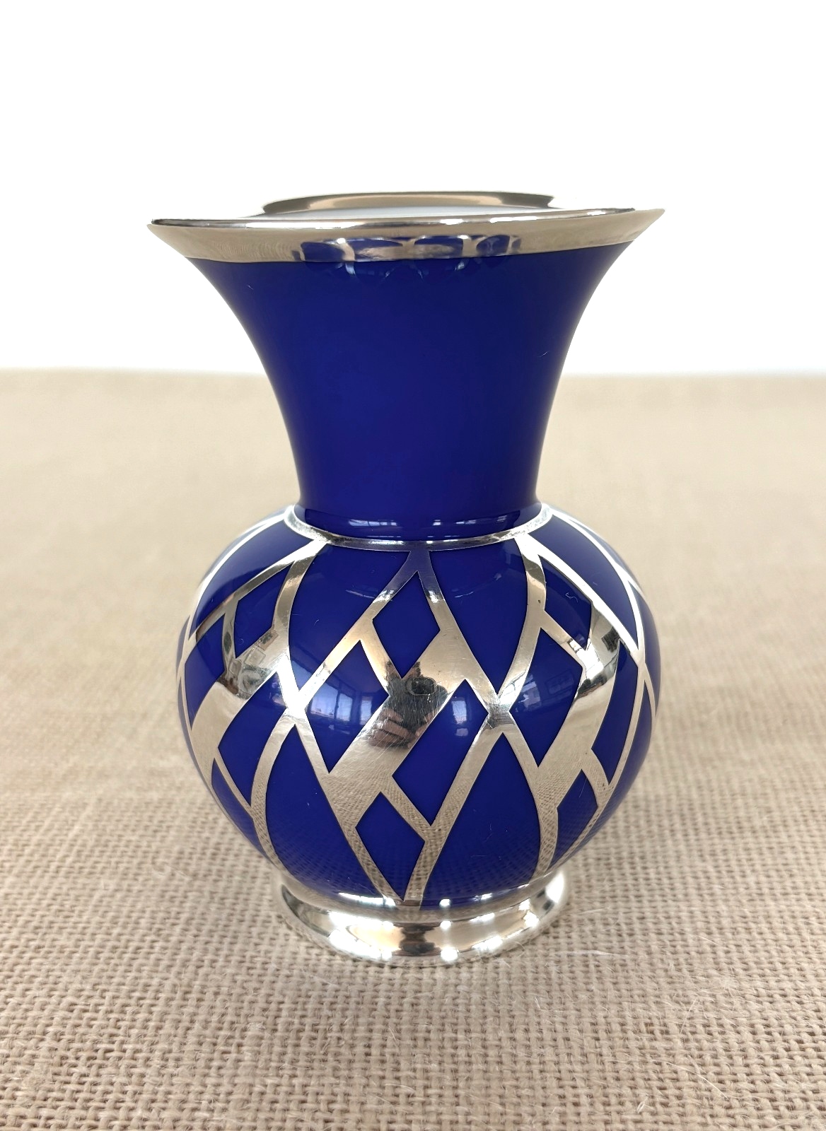 Art Deco Weimar Porcelain Cobalt blue Silver Overlay small bottle Vase