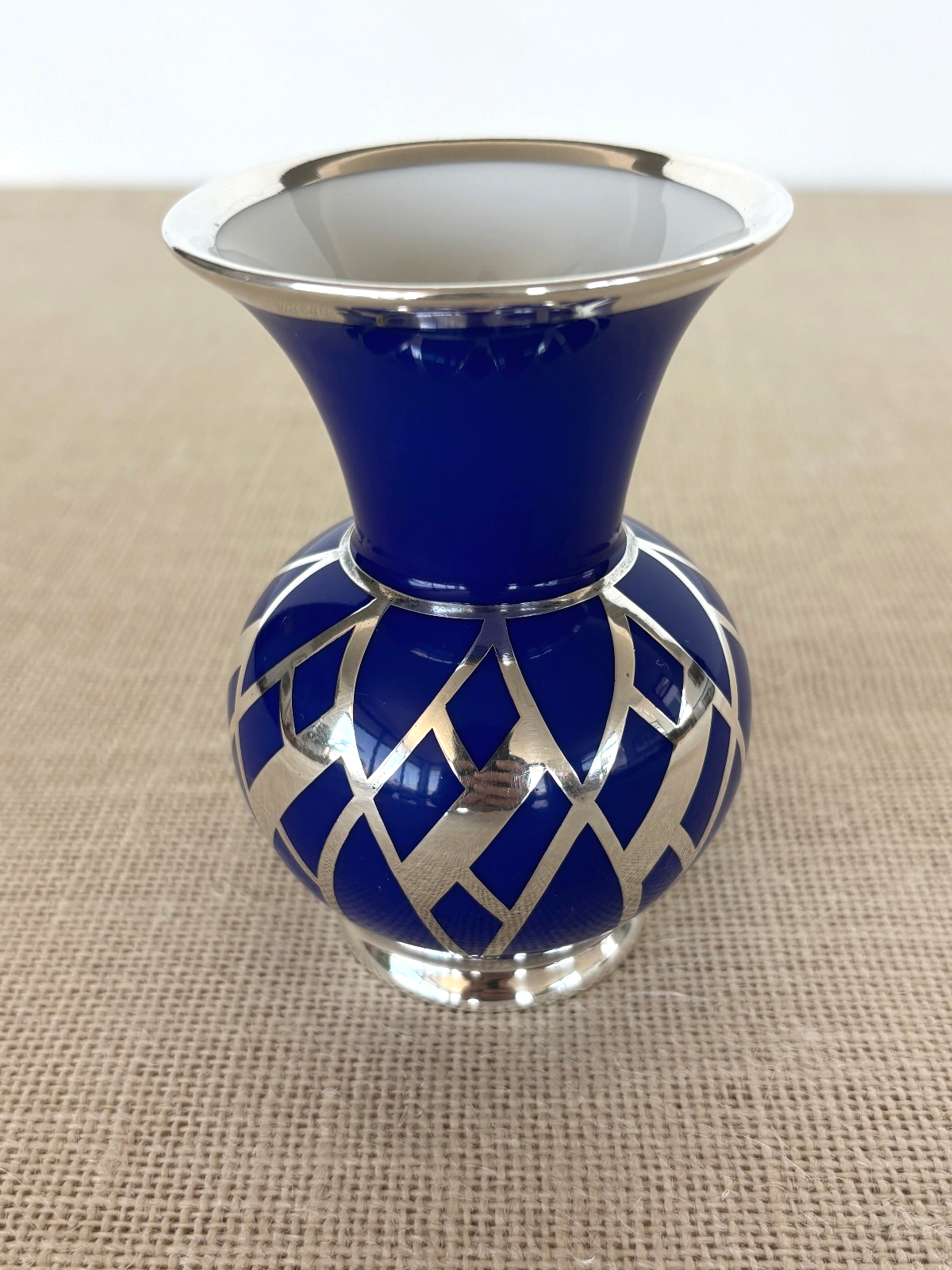 Art Deco Weimar Porcelain Cobalt blue Silver Overlay small bottle Vase