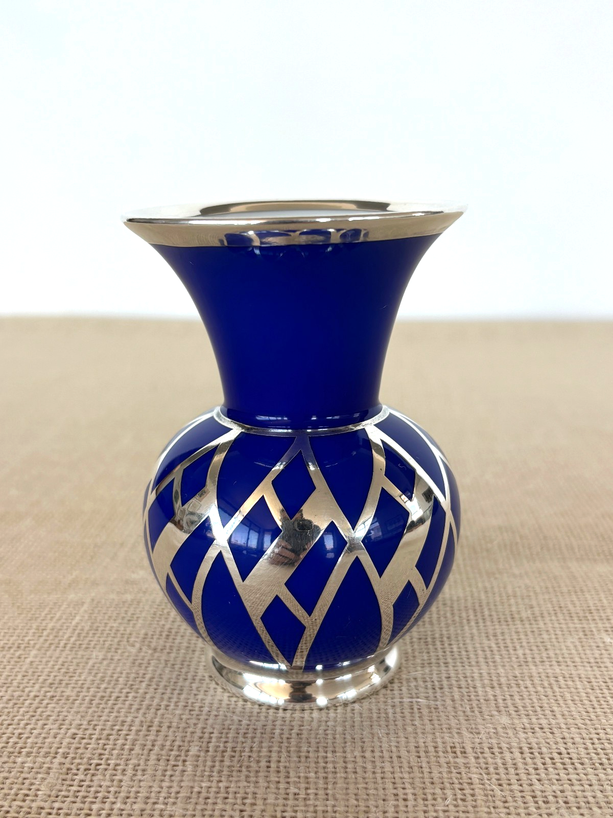 Art Deco Weimar Porcelain Cobalt blue Silver Overlay small bottle Vase