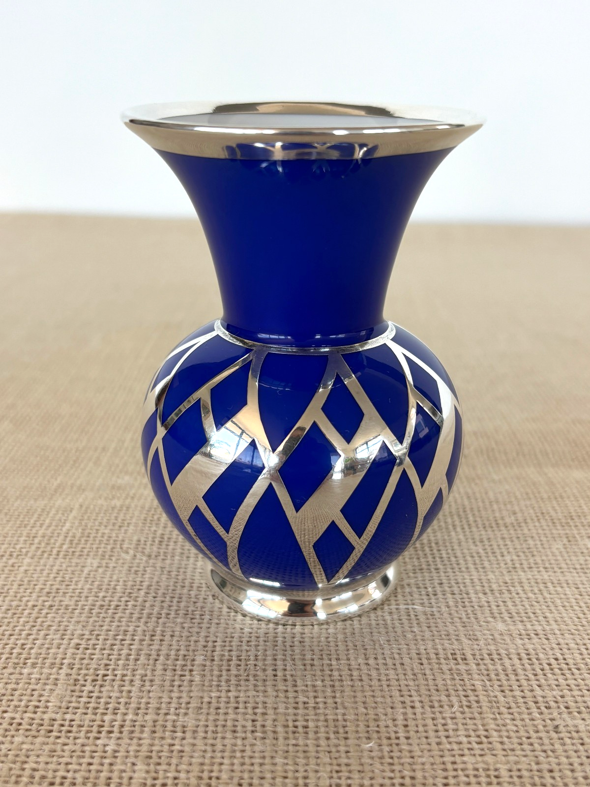 Art Deco Weimar Porcelain Cobalt blue Silver Overlay small bottle Vase