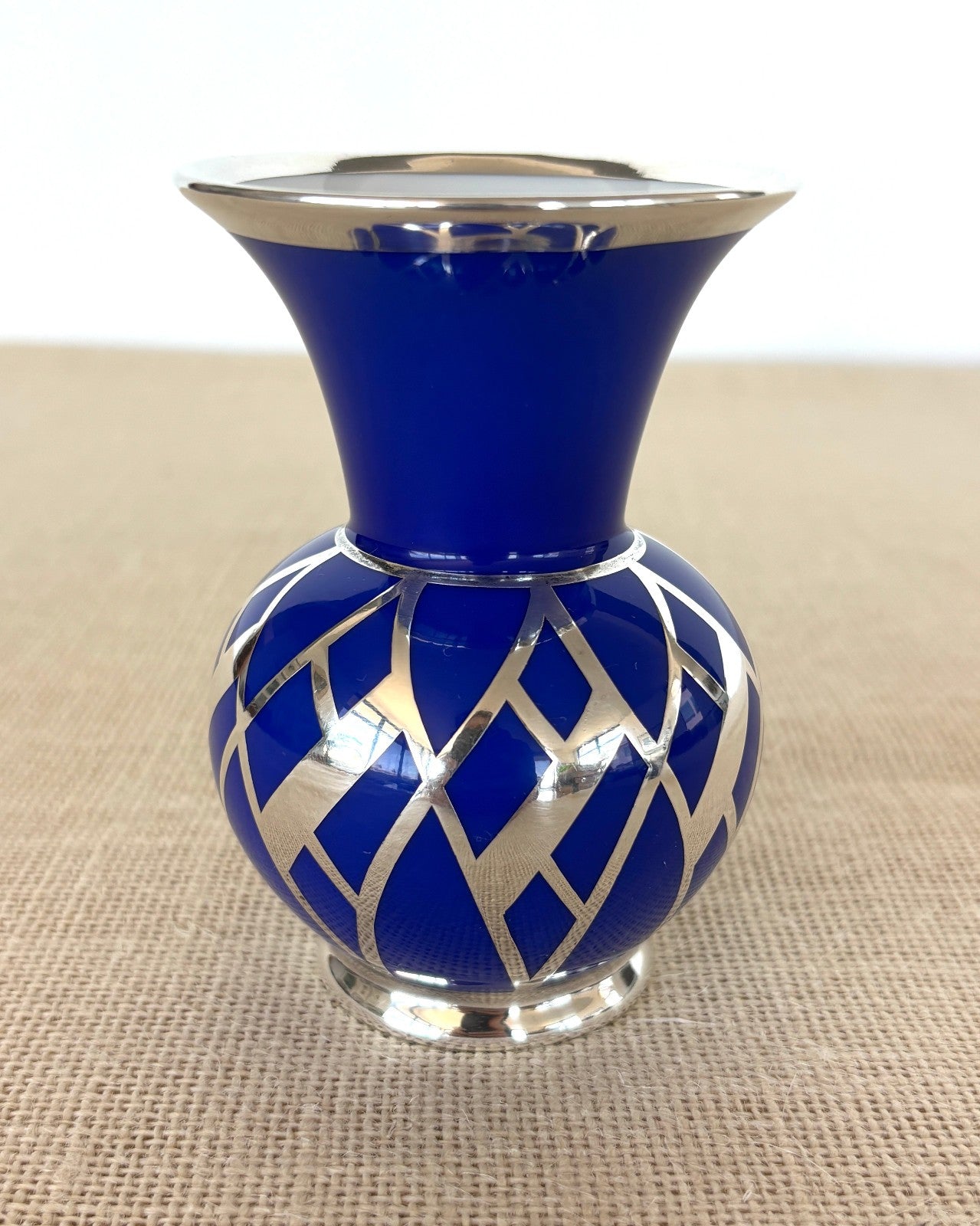 Art Deco Weimar Porcelain Cobalt blue Silver Overlay small bottle Vase