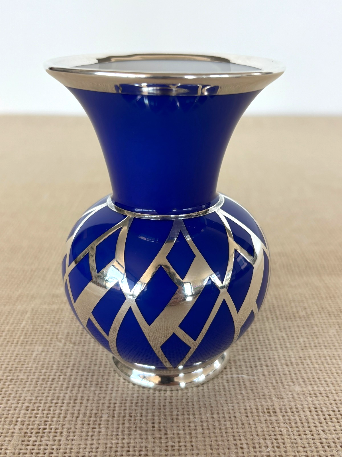 Art Deco Weimar Porcelain Cobalt blue Silver Overlay small bottle Vase