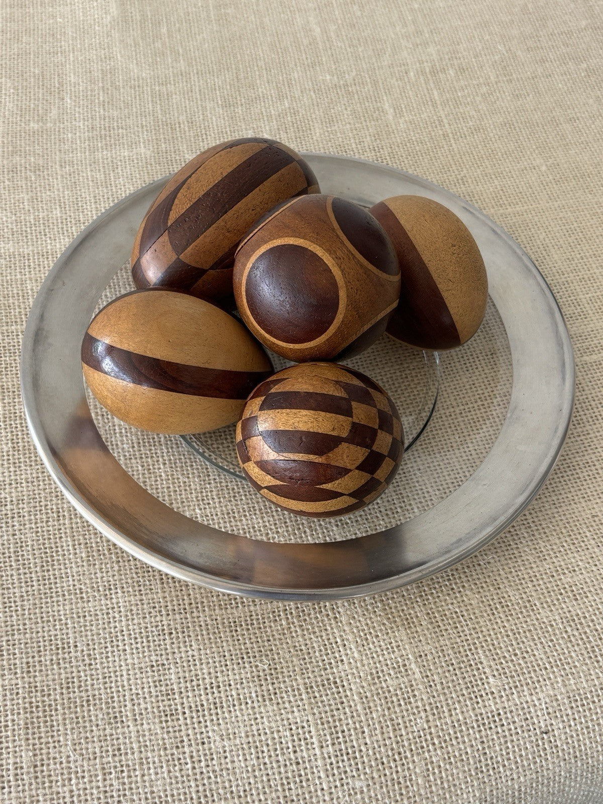 Arts & Crafts Intarsia Inlay Turned Wood Darning Eggs, set of 5