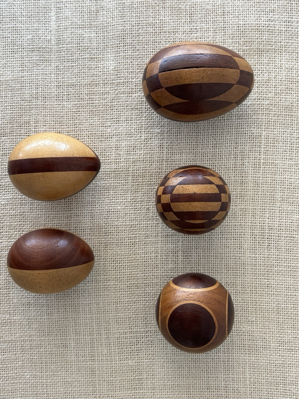 Arts & Crafts Intarsia Inlay Turned Wood Darning Eggs, set of 5