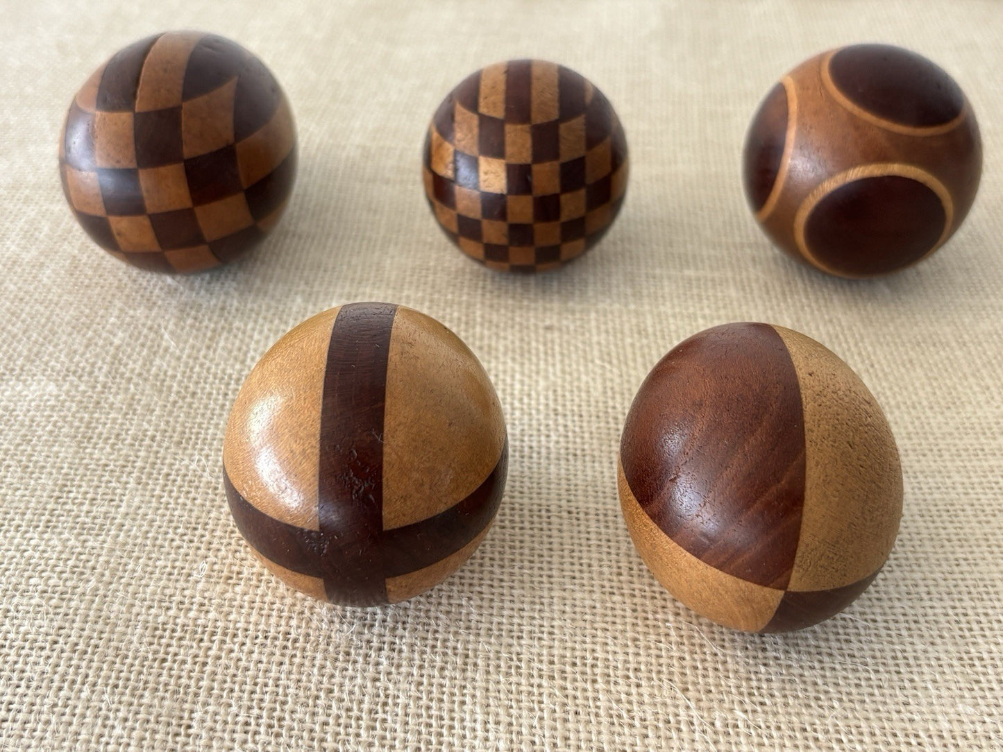 Arts & Crafts Intarsia Inlay Turned Wood Darning Eggs, set of 5