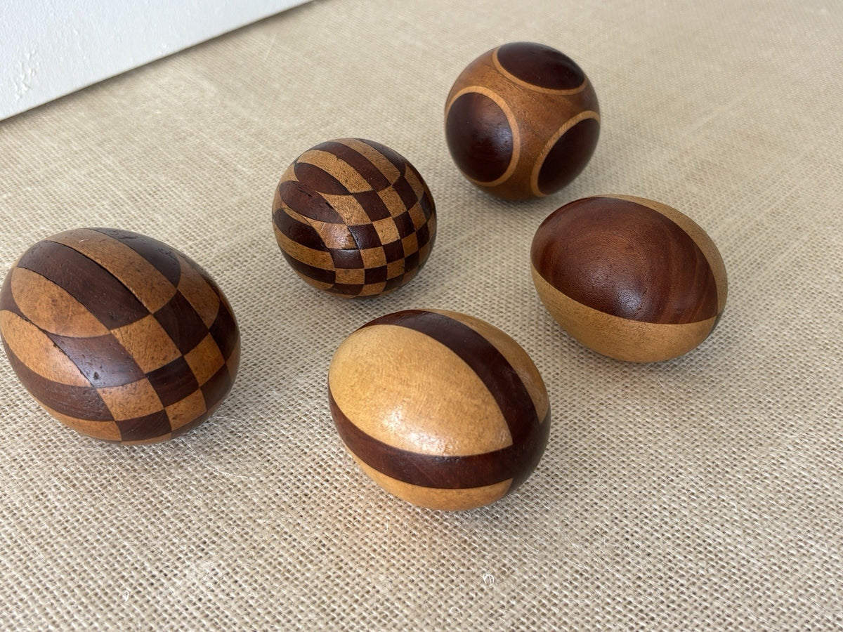 Arts & Crafts Intarsia Inlay Turned Wood Darning Eggs, set of 5