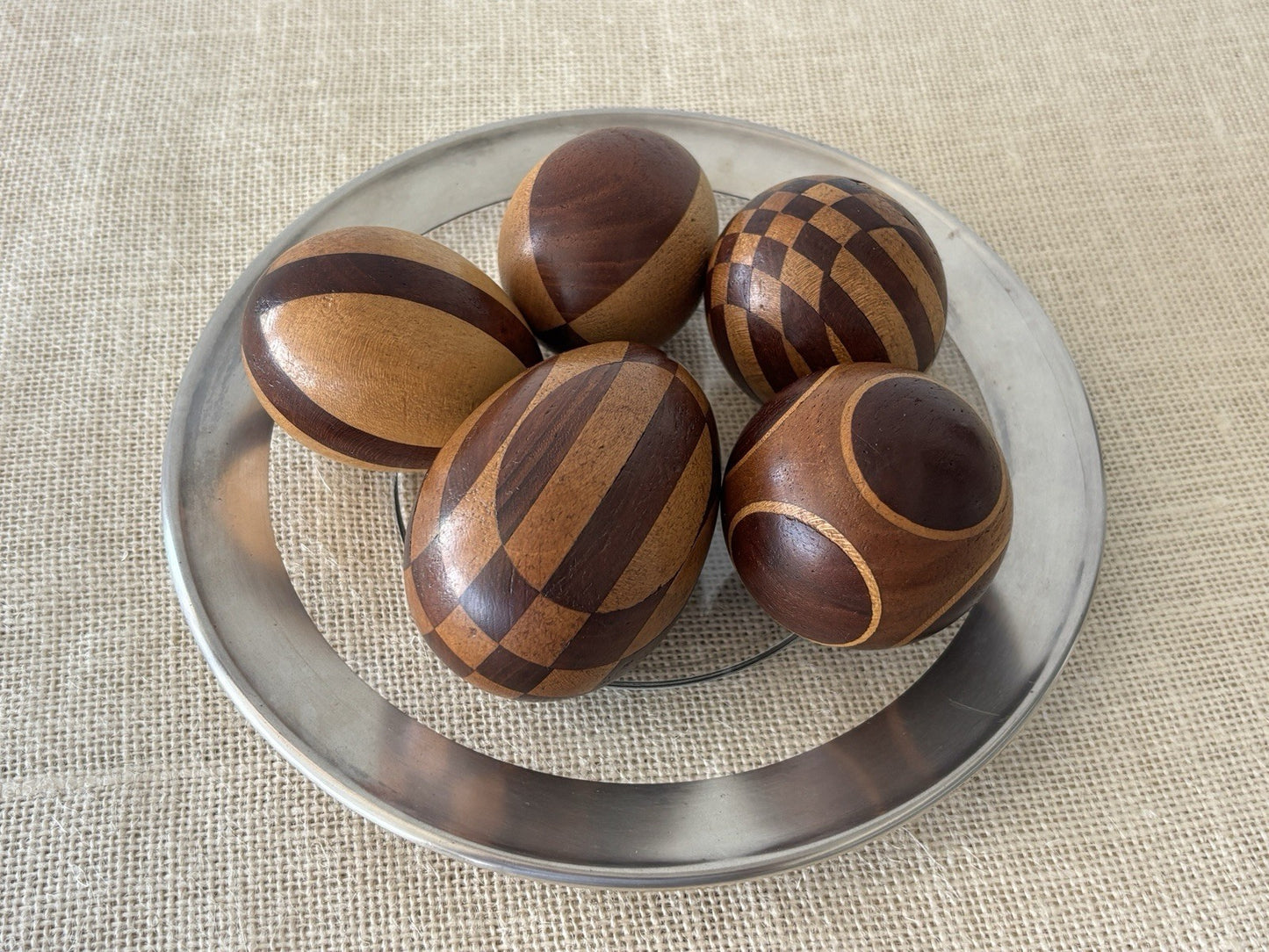 Arts & Crafts Intarsia Inlay Turned Wood Darning Eggs, set of 5
