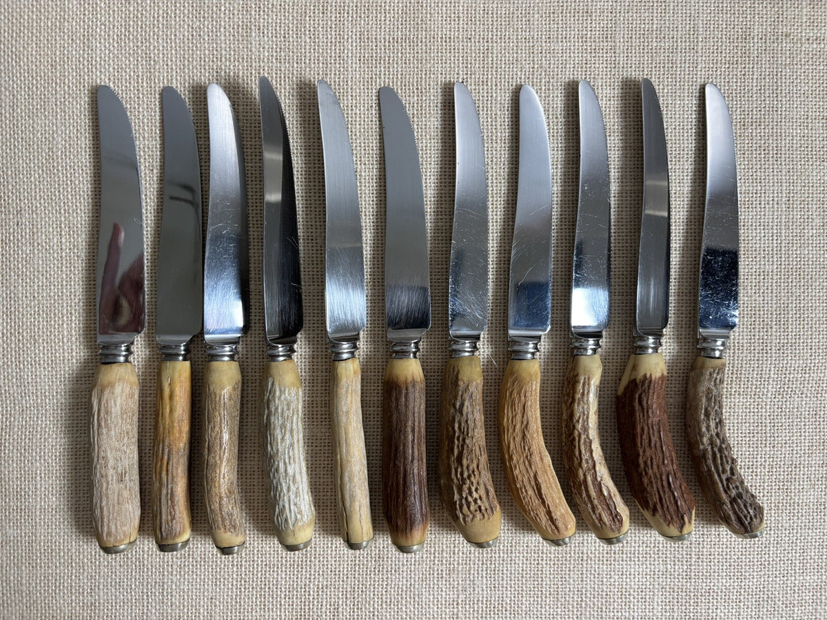 Vintage Sheffield English Antler Horn Handle Stainless Steak Knife Set of 11