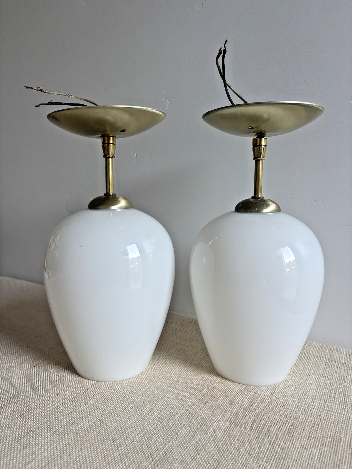Lightcraft of CA Pendant Light Pair Royal Danish MCM Opaline Glass Vtg 50s
