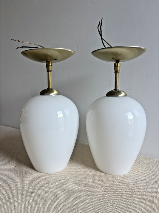 Lightcraft of CA Pendant Light Pair Royal Danish MCM Opaline Glass Vtg 50s