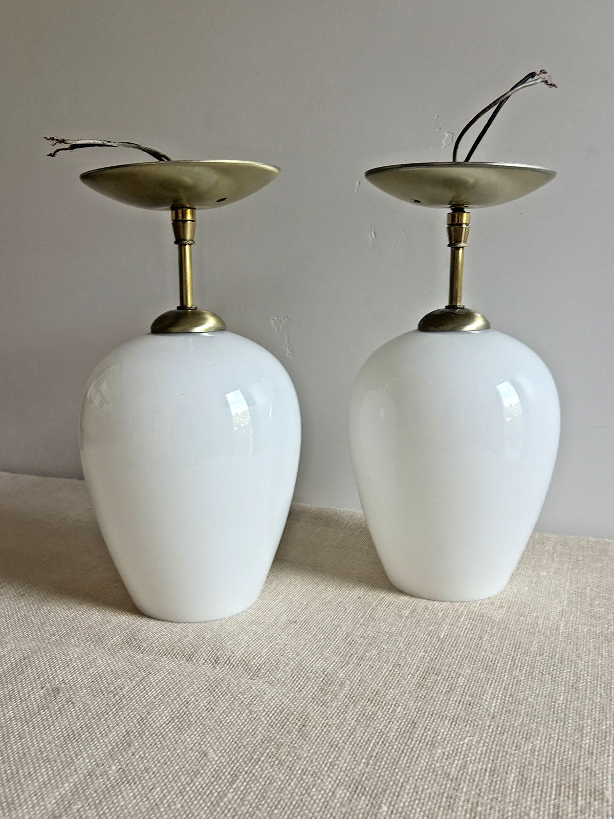 Mid Century Modern Opaline Glass Lightcraft of CA Pendant Light Pair