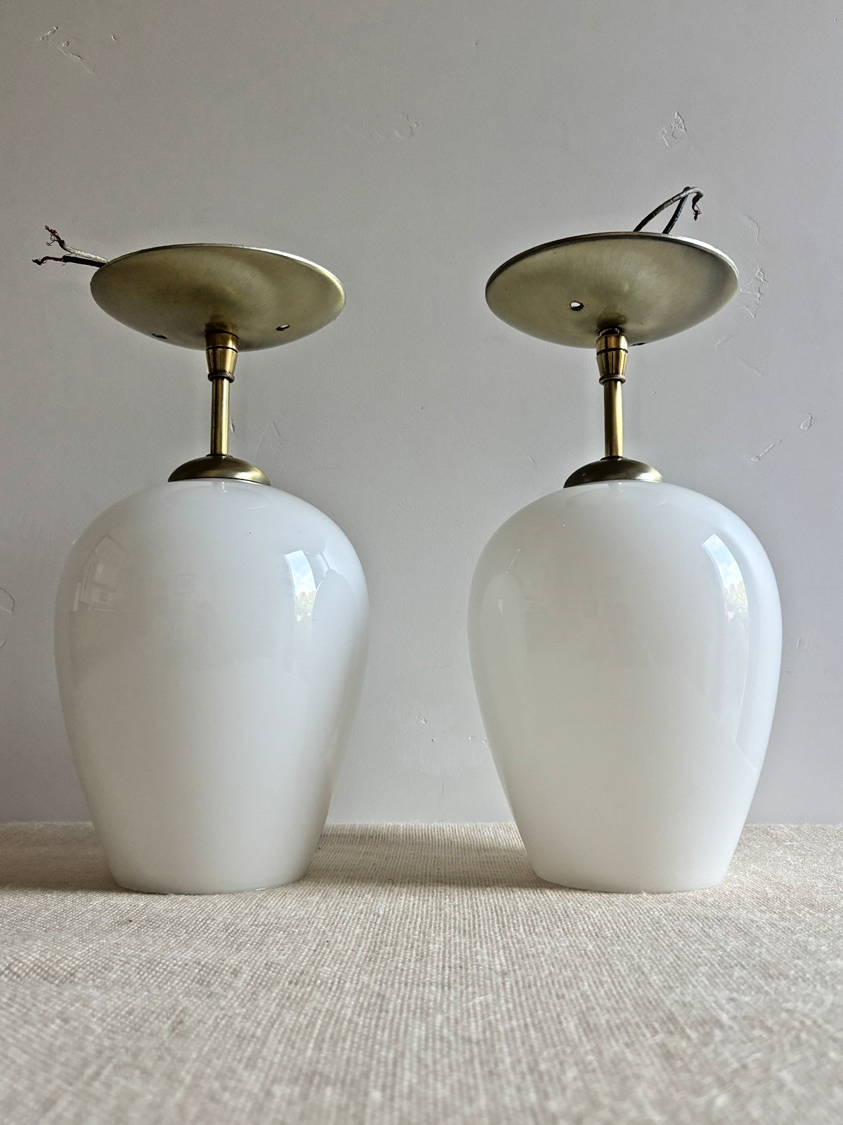 Lightcraft of CA Pendant Light Pair Royal Danish MCM Opaline Glass Vtg 50s