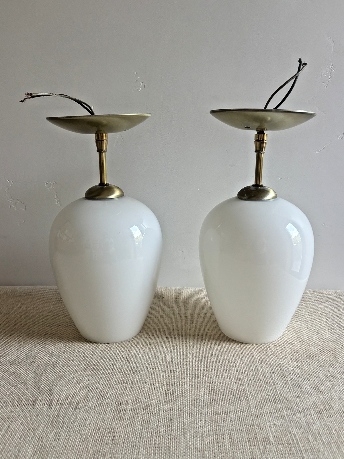 Lightcraft of CA Pendant Light Pair Royal Danish MCM Opaline Glass Vtg 50s
