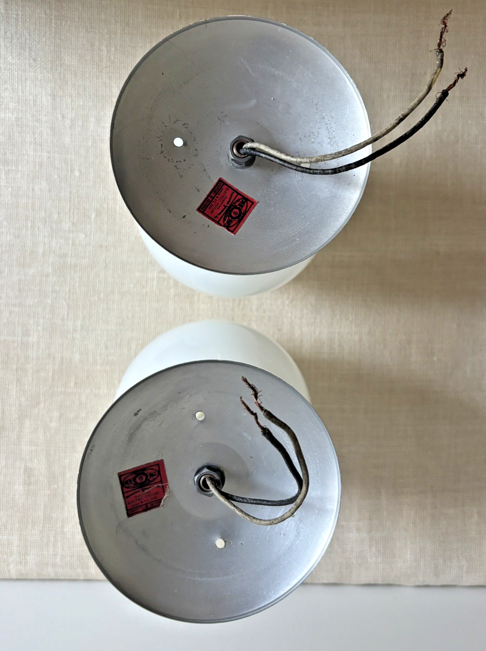 Lightcraft of CA Pendant Light Pair Royal Danish MCM Opaline Glass Vtg 50s