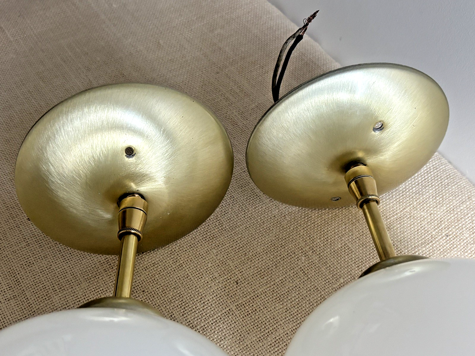 Mid Century Modern Opaline Glass Lightcraft of CA Pendant Light Pair
