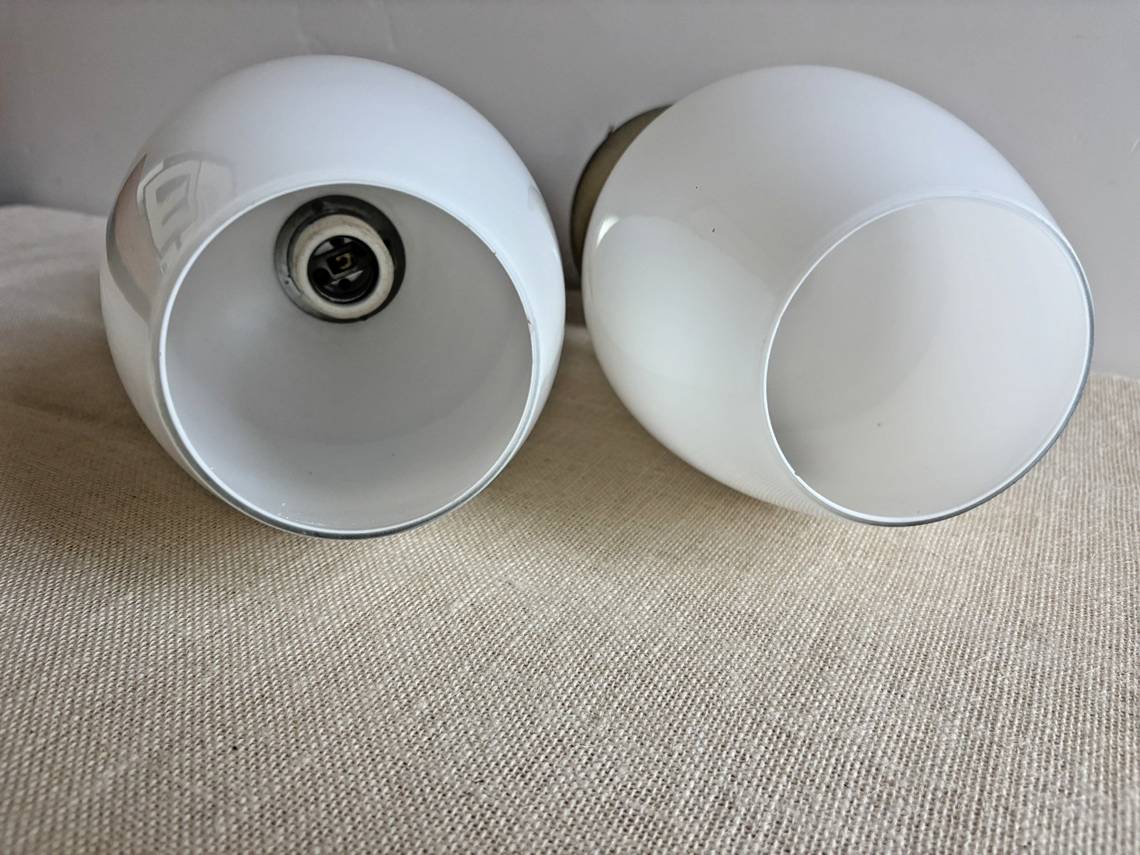 Mid Century Modern Opaline Glass Lightcraft of CA Pendant Light Pair