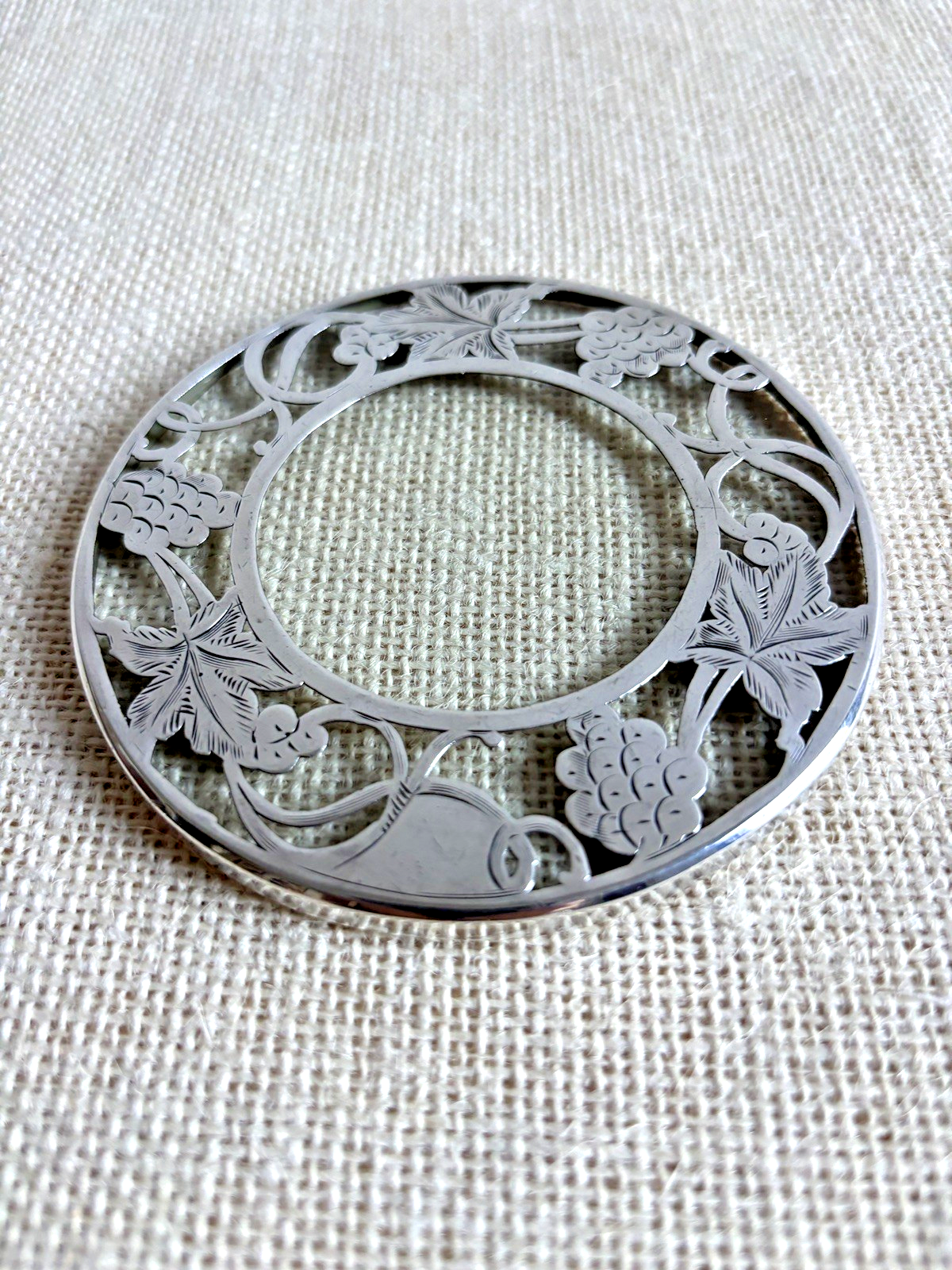 Alvin .999 Silver Overlay Art Nouveau Grapes & Leaves Wine Coaster