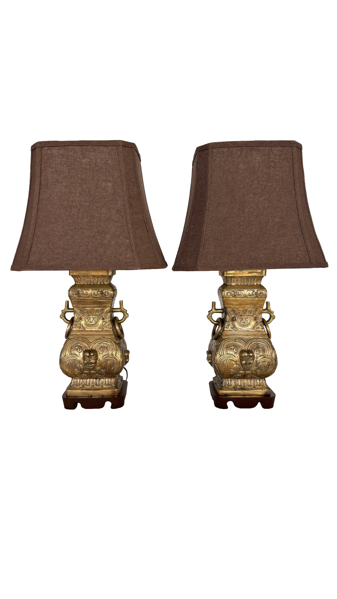 Pair Asian Archaic Brass Urn Lamps with Linen Shades