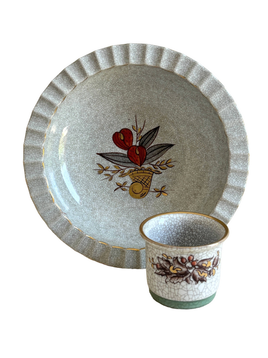 Danish Modern Crackle Glaze Ash Tray & Cigarette Cup