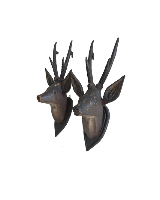 Antique Hand Carved Wood Mounted Roe Deer Head Pair