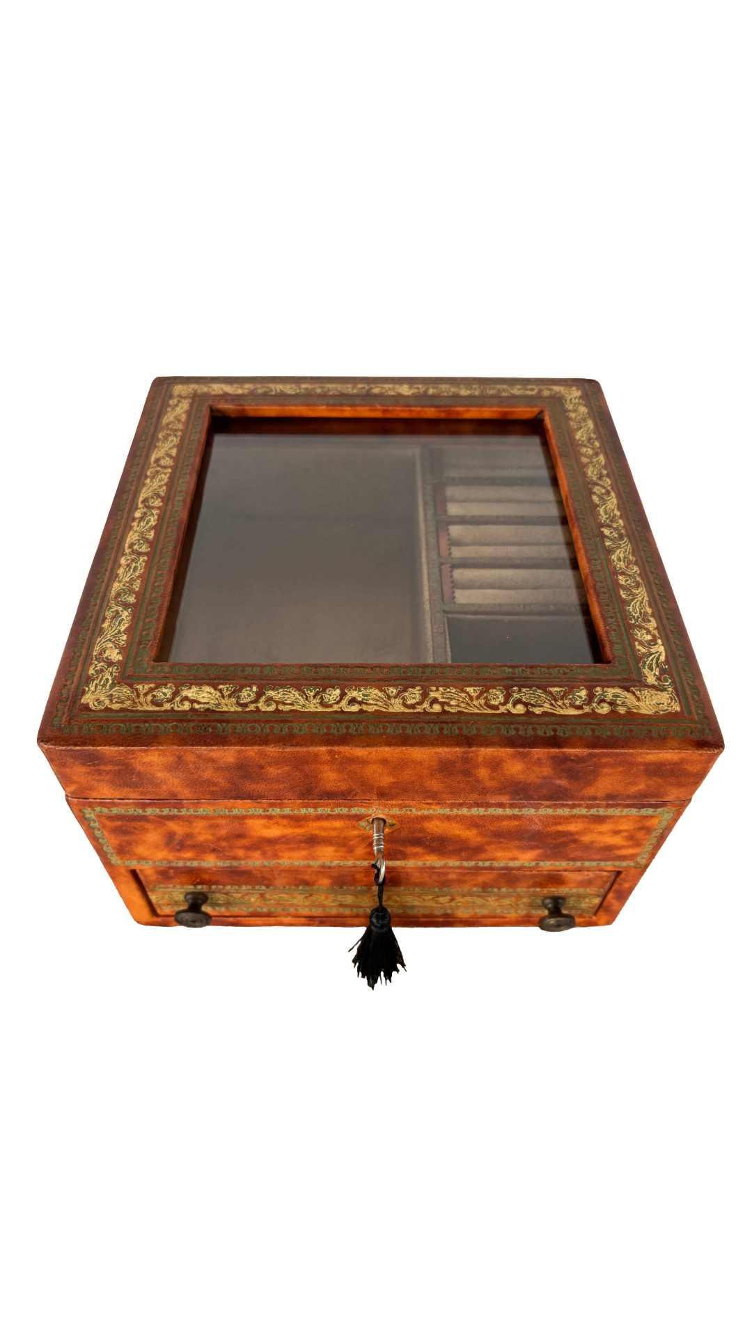 Florentine gold embossed leather wrapped Jewelry Box with Key