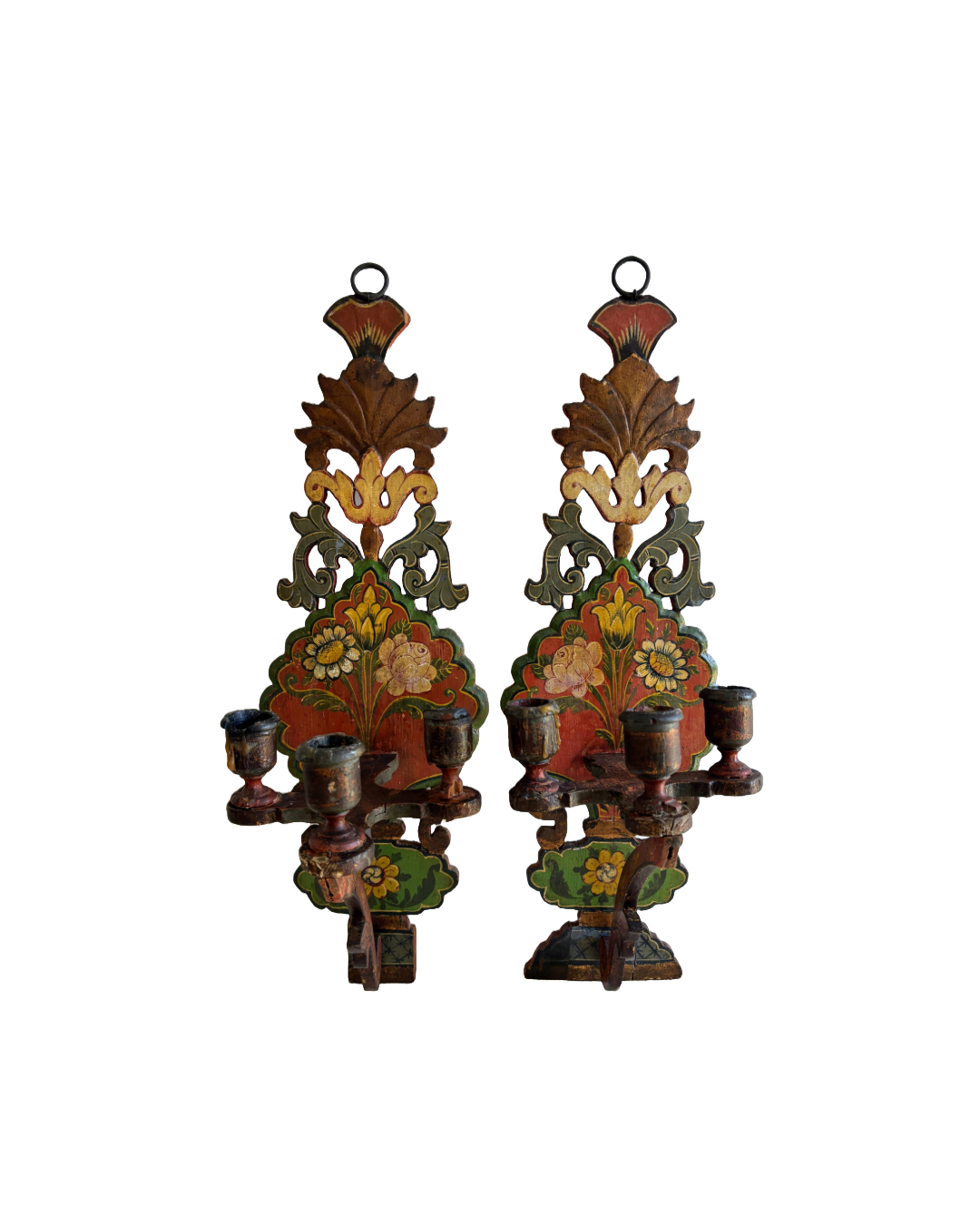Antique European Wood Folk Art Candle Sconces