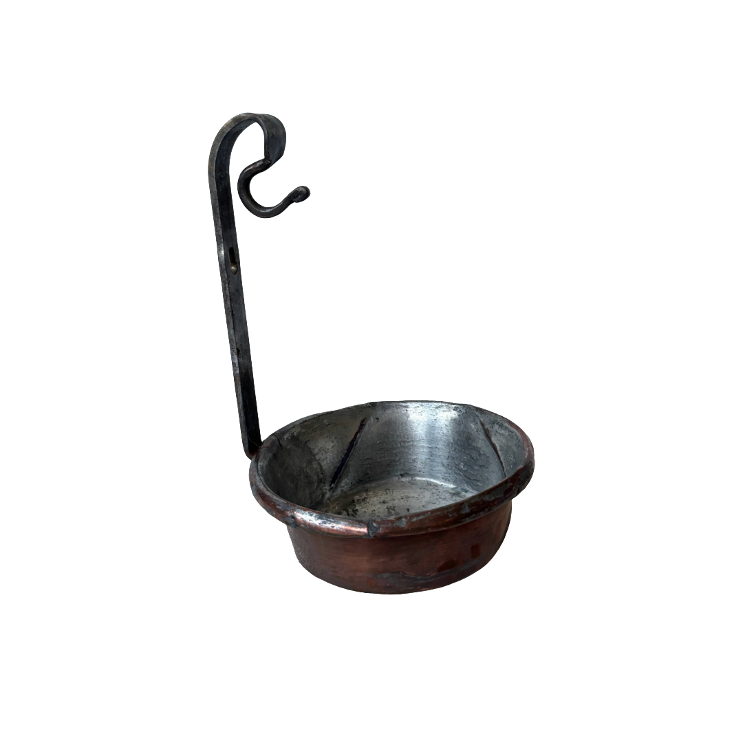 Antique French tin lined Copper Ladel or Pot with upright iron Handle