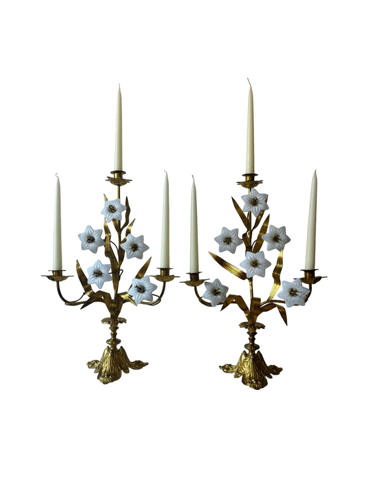 Antique 19th Century French Gilt Brass & Opaline Glass Flower Candelabras