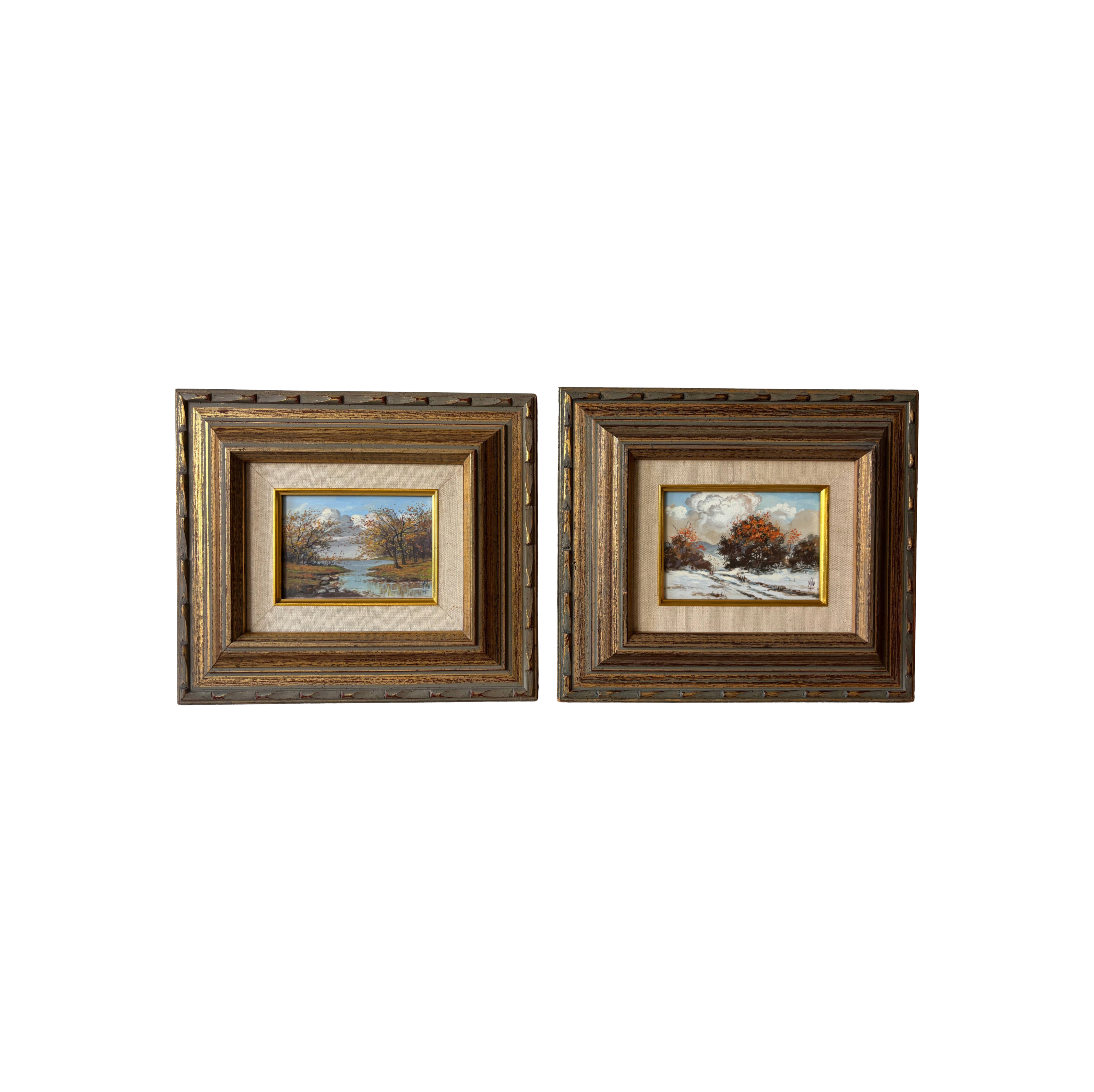 Pair of gilt mid century Frames with small Landscape Oil Paintings