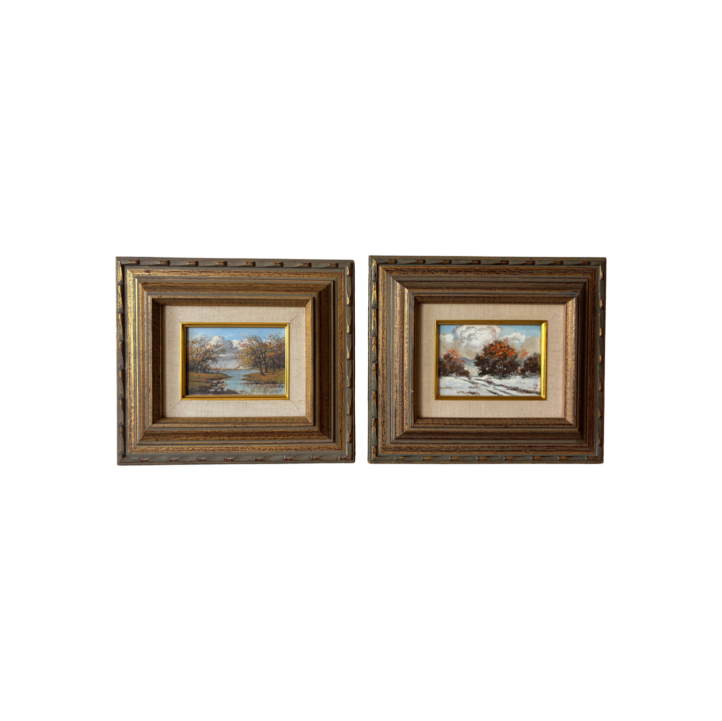 Pair of gilt mid century Frames with small Landscape Oil Paintings