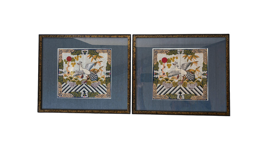 Qing Dynasty Chinese Civil Rank Silver Pheasant Badge Robe Set Framed