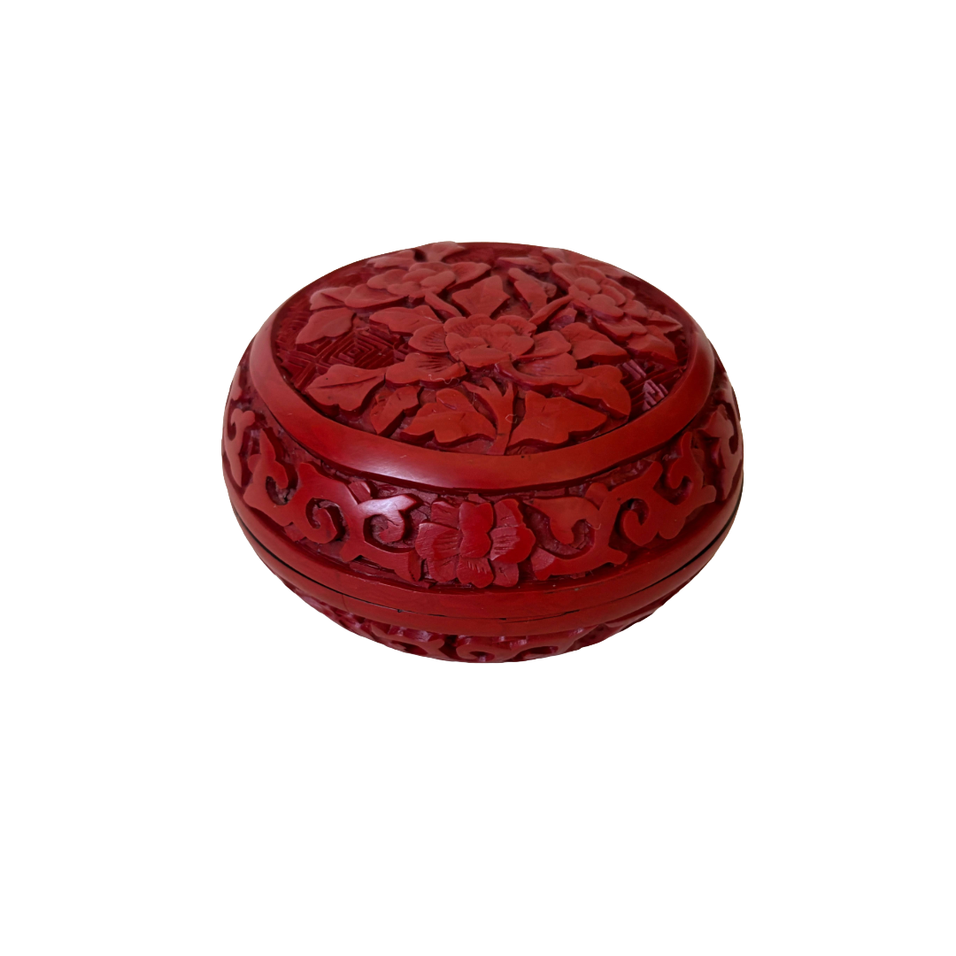 Carved Cinnabar Lacquer Box with Peony Flowers