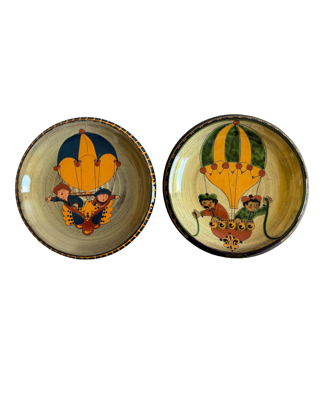 Swiss Folk Art Pottery Wall Plates with Hot Air Balloon Motif