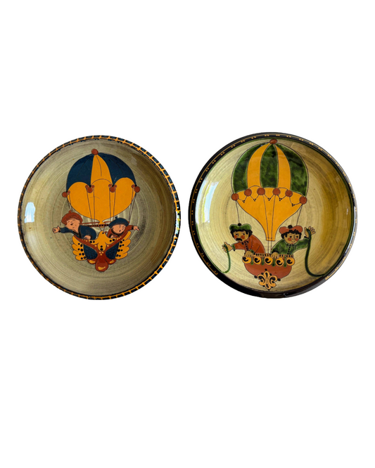 Swiss Folk Art Pottery Wall Plates with Hot Air Balloon Motif