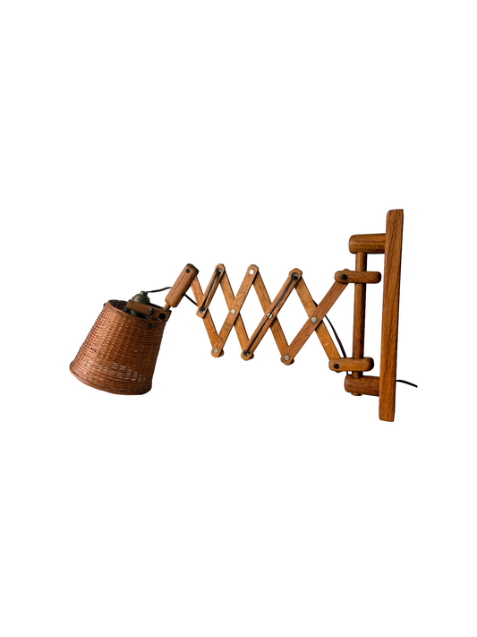 Danish Style Wood Scissor Lamp w/ Wicker Shade