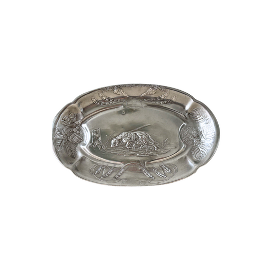 Austrian Art Nouveau Pewter Platter with Hunting Dog