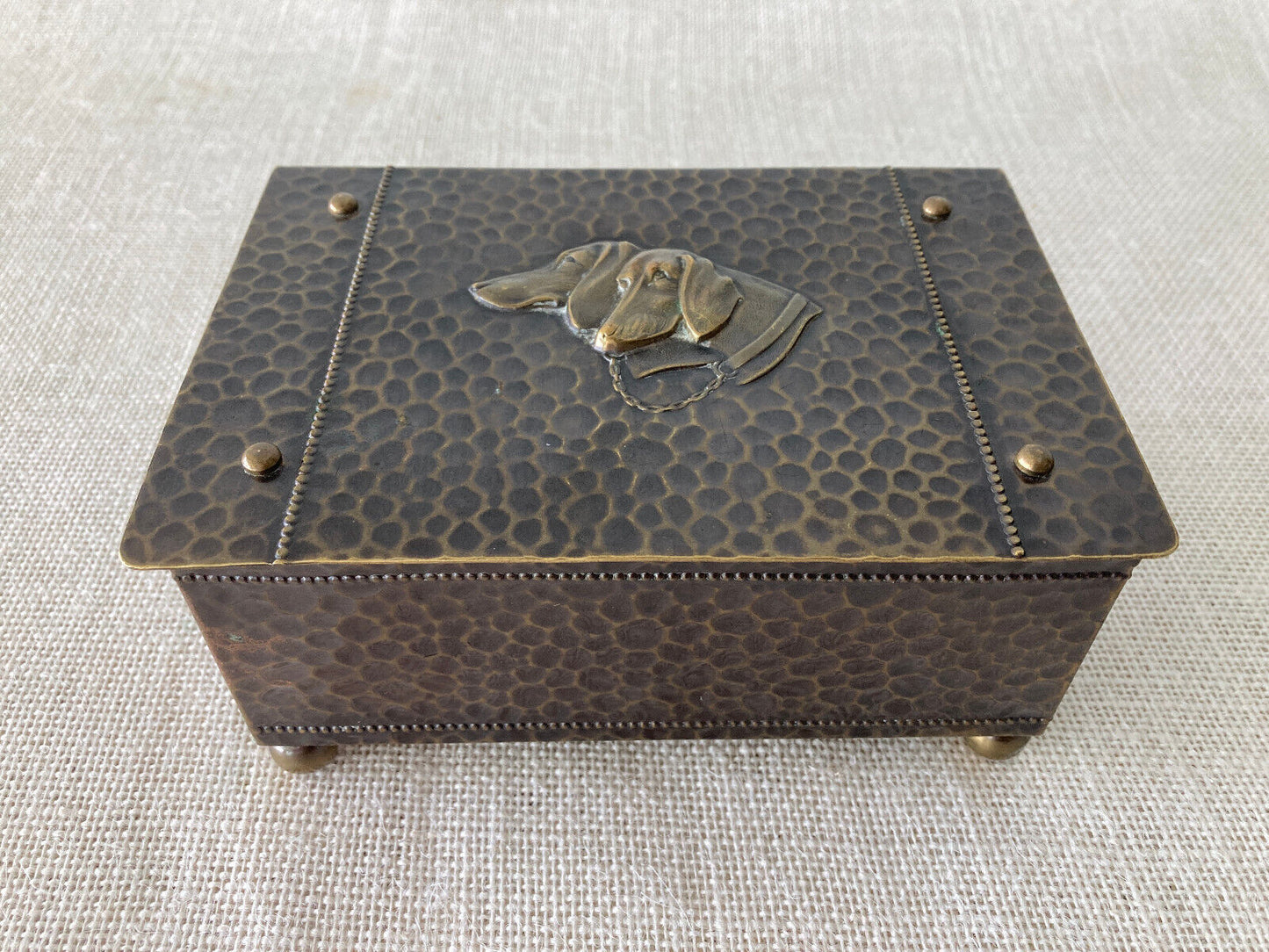 Art Nouveau Hammered Brass Dog Head Cigarette Box