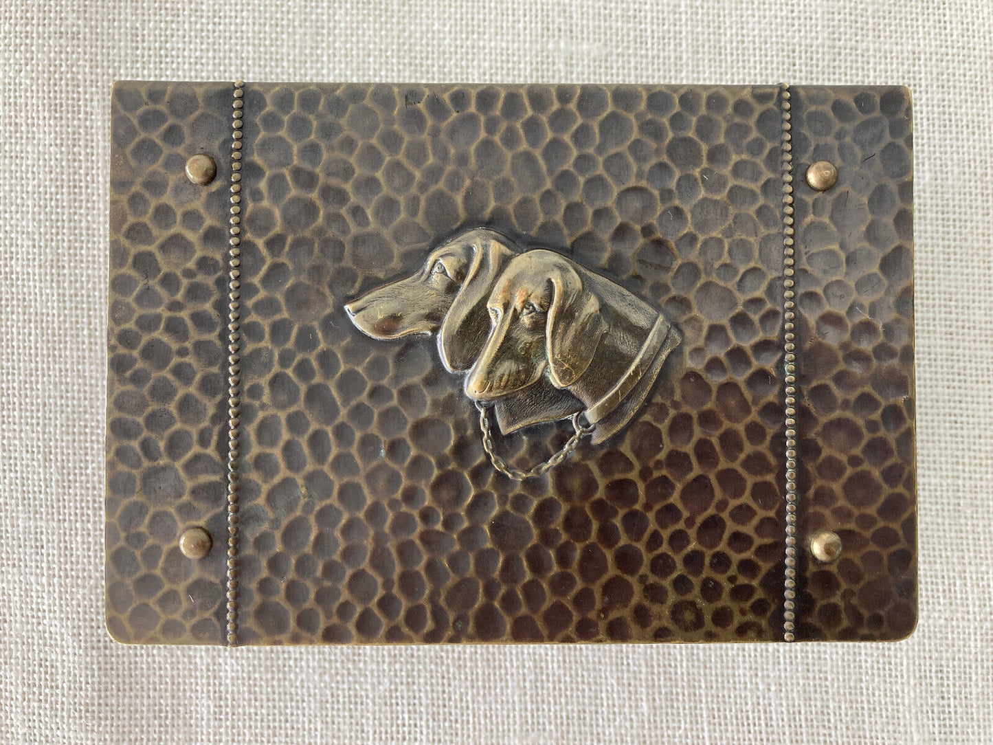 Art Nouveau Hammered Brass Dog Head Cigarette Box