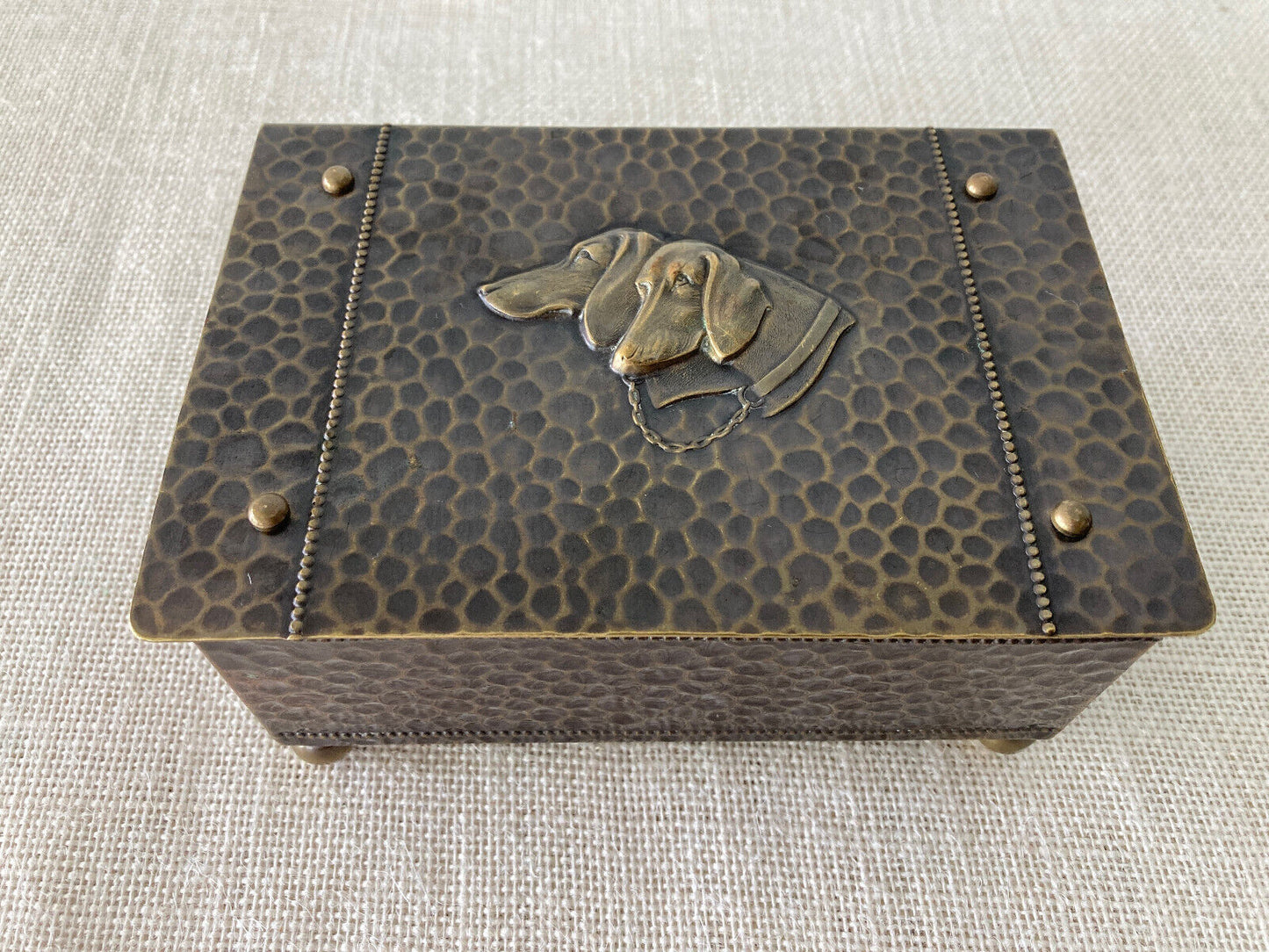 Art Nouveau Hammered Brass Dog Head Cigarette Box