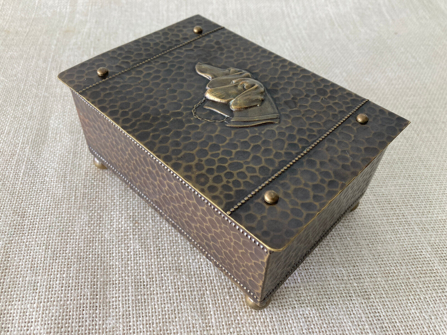 Art Nouveau Hammered Brass Dog Head Cigarette Box